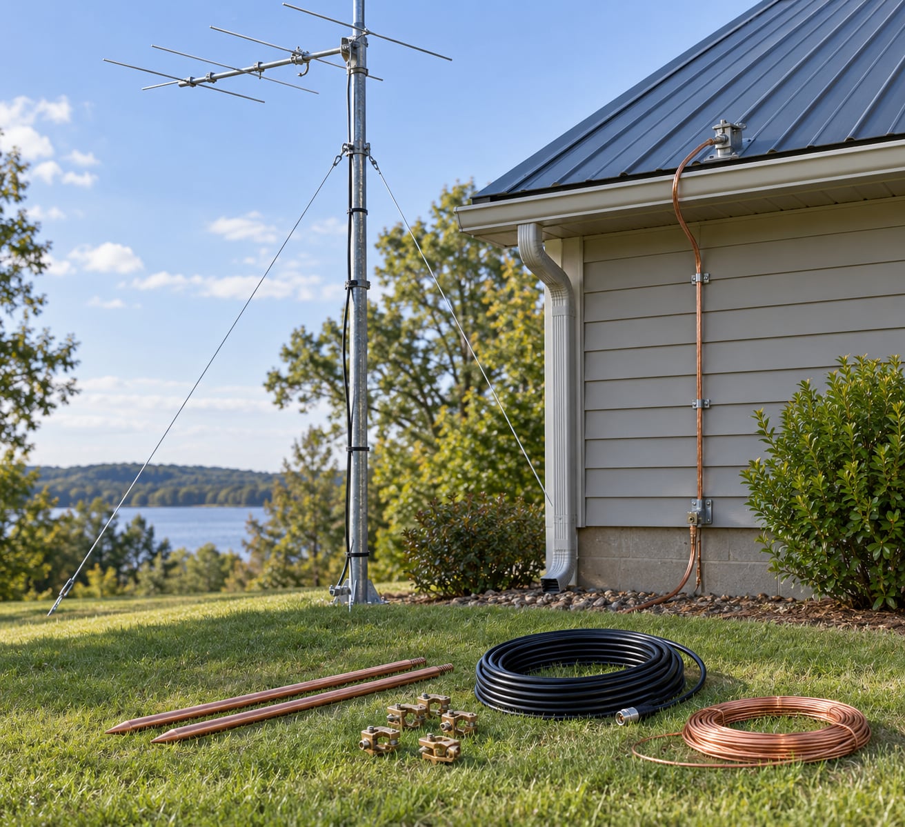 how to ground a ham radio antenna system safely